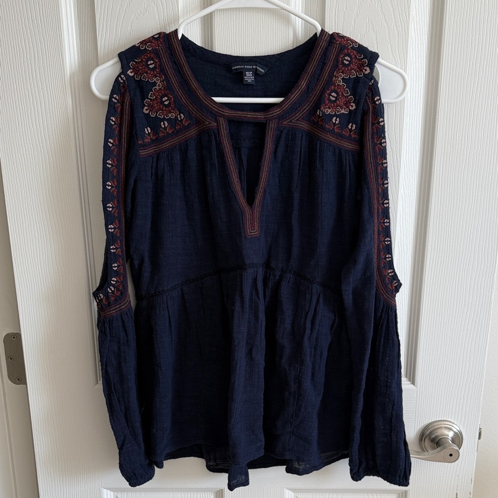 American Eagle Outfitters Dark Blue Embroidered Blouse